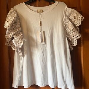 Ellie Tahari Woman White Blouse with Eyelet Ruffle Sleeves